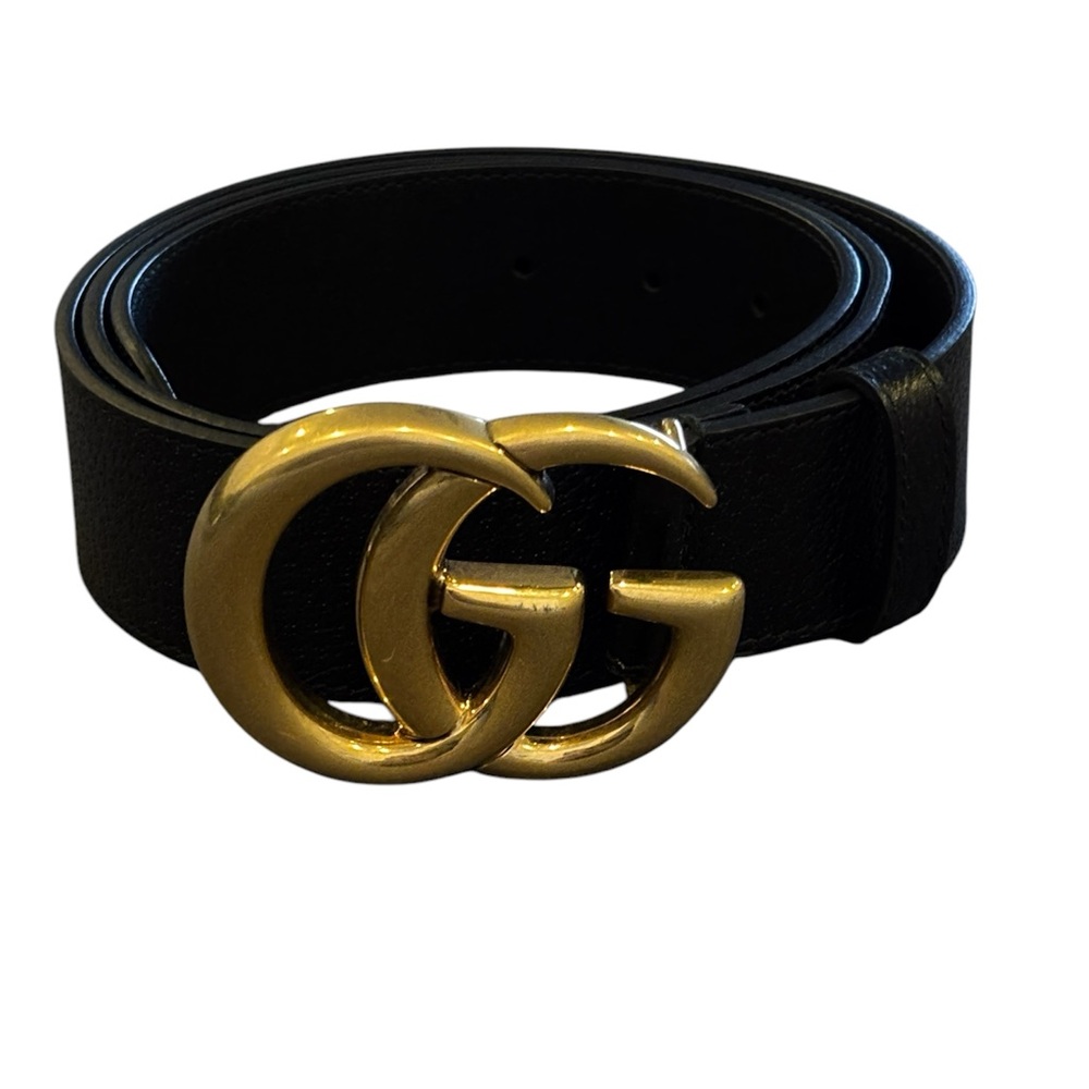 GUCCI GG MARMONT BELT Black Leather Brass GG Buckle Men's US Size 34 (34 to 38) - Picture 2 of 12